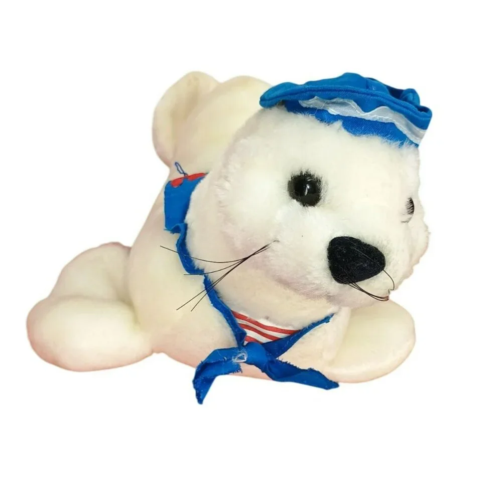 Vintage Cloud 9 Toys White Seal Plush With Blue Sailor‎ Outfit